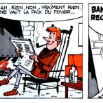 Première bande de la première planche, en bichromie, de la première histoire de « Record et Véronique » scénarisée par René Goscinny, dans le n°2 de Record, en 1962. Il n'y a pas de titre à l'histoire mais, dans le sommaire, il écrit : page 48, « Record et Véronique en famille ».