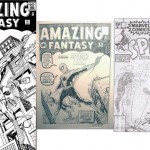 Les deux recréations de la couverture d’Amazing Fantasy 15 par Kirby. Celle encrée par Martin Lasick date des années 70, tandis que celle crayonnée est de la fin des années 80 +  le layout de la couverture de Spidey Super Stories n°20, contre la Torche.