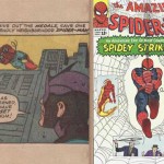 La case avec Spider-Man par Ditko du Fantastic Four Annual 3 (1965) de Lee & Kirby + La couverture d’Amazing Spider-Man n°19.