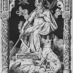 Odin avec les loups Geri et Freki et les corbeaux Hugin et Munin (dessin à la plume de Johannes Gehrts, 1884)