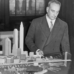 Robert Moses et la maquette du Battery Bridge. Photo Library of Congress. New York World-Telegram & Sun Collection, 1939