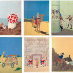 6 des 9 gouaches de mises en couleur réalisées par Hergé, entre le 8 et le 10 juin 1942 au prix d’un effort surhumain.