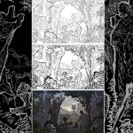 Deux exemples de la technique graphique de B. Maïorana : crayonné, encrage et couleurs (par Thierry Leprévost). Case issue du tome 1 et planche 16 du tome 2.