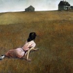 "Christina's World" par Wyeth (1948)  représente une femme (Christina Olson) atteinte de poliomyélite et paralysée des jambes, rampant dans un champ en direction d'une maison grise au sommet d'une colline.