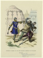 Sergent d'armes du roi des ribauds arrêtant un pillard (1290 à 1330). Gravure de L.-J. Deghouy (1882-1884).
