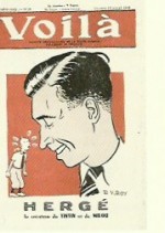 Hergé en couverture du n° 28 de Voilà daté du 10 juillet 1942, caricature de R. van Roy.