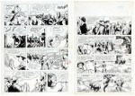Planches originales à l'encre de Chine des pages 13 et 14 de « Simba Lee T2 : La Réserve de Karapata », publiées dans Spirou n° 1198 du 30 mars 1961.