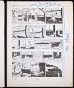 Annotations d’Hergé sur exemplaire n° 2. Crayon bleu et rouge. Grisés pour un rendu de nuit.