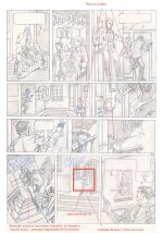 4 étapes de travail pour la planche 41 : storyboard, crayonné, encrage et mise en couleurs