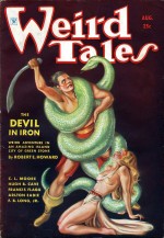 Couverture de Weird Tales (août 1934). Illustration de Margaret Brundage pour la nouvelle Le Diable d'airain
