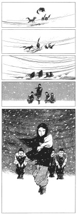 Une construction extrêmement intéressante de deux planches de Kamimura avec fondu enchaîné utilisant la tempête de neige pour transformer les loups mangeurs d’enfants en un groupe d’humains venant de donner la vie. Une mise en scène cinématographique déjà utilisée par Tezuka et qui sera également reprise par Otomo pour ne citer que deux noms très connus en France.