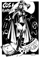 Satanik est le personnage qui, peu après Diabolik, a lancé le genre du fumetti neri en Italie : des héros qui sont en fait de dangereux délinquants. Créée en 1964 par Max Bunker au scénario et Magnus au dessin, la série eut quelques continuateurs, dont Romanini, ici dans le n° 201, en 1974.
