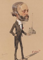 Caricature de Viollet-le-Duc tenant la flèche de Notre-Dame (E. Giraud, 1861 - Bibliothèque Nationale de France).