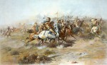 « The Custer Fight » (1903) par Charles Marion Russell - Lithographie représentant la bataille vue du côté des Amérindiens.