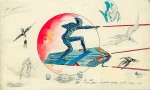 Encre de Chine et gouache de couleurs sur carton réalisé par Druillet pour un futur jouet à géométrie variable tiré du dessin animé « Bleu, l’enfant de la Terre »,  diffusé en 1986 sur Canal +, produit par IDDH à Angoulême.