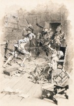 D'Artagnan sauve Constance Bonacieux des agents du cardinal de Richelieu. Illustration de Maurice Leloir (1894) - Plume, lavis d'encre rehaussés de gouache blanche sur papier.