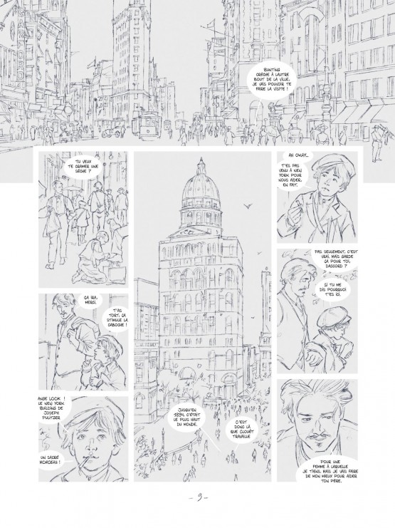 Making-of de la planche 9 (croquis, encrage, aplats et lumières).