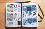 01_storyboard Stoyboard (carnet 14x21 cm, crayons de couleur), maquette d'une maison de Vlastrod et plan de la ville.