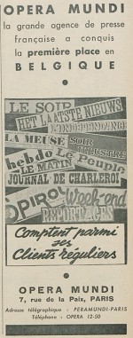 Une sélection des clients belges d’Opera Mundi dans une publicité publiée dans Presse-Publicité, 7 février 1939, p. 35. Source gallica.bnf.fr.